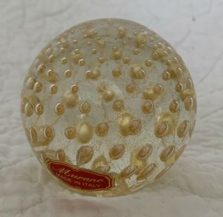Vintage Murano Glass Paperweight,  Gold - Dusted,  Controlled Bubble,  Label,  Jewel