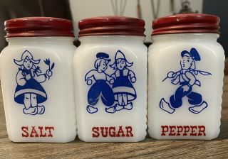 Vtg Milk Glass Dutch Boy / Girl Salt / Pepper / Sugar Shakers Red Lids Set 15 - 33