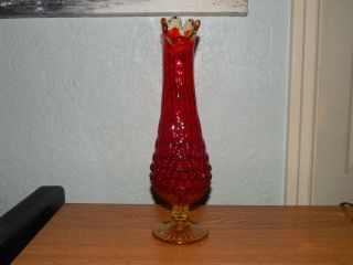 Vintage Mid Century Amberina Art Glass Hobnail Stretch Swung Footed Vase 13 " H