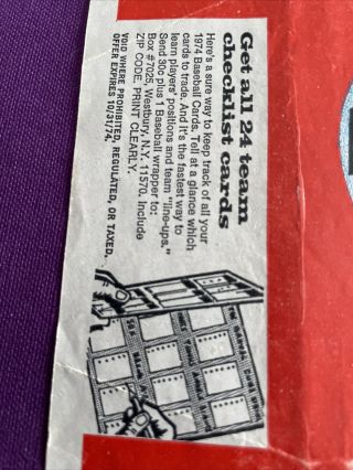1974 Topps Baseball Card Wax Wrapper.  Vintage Team Checklist Cards Offer 2
