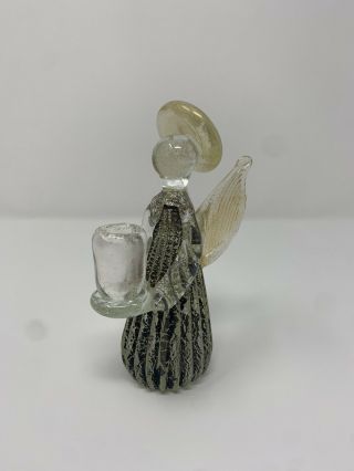 Vtg Murano Italy Art Glass Black Fleck Angel Figurine Candle Holder Gold Silver
