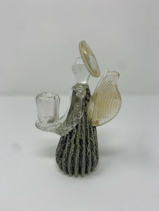 Vtg Murano Italy Art Glass Black Fleck Angel Figurine Candle Holder Gold Silver 2