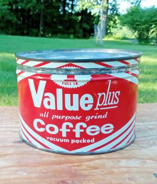 Vintage Value Plus All Purpose Grind Coffee Key Wind Tin Can Advertising Display