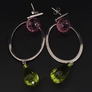Vtg Sterling Silver Green & Pink Glass Briolette Beads Dangle Earrings - 14.  5g