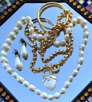 Vintage Gold Tone Jewelry Bracelets Earrings Necklaces Faux Pearl Trifari Monet