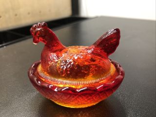 Vintage Amberina Glass 2.  5 Inch Chicken/hen On Nest Dish