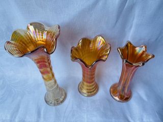3 Vintage Imperial Carnival Glass Ripple Swung Vase Iridescent Orange Marigold