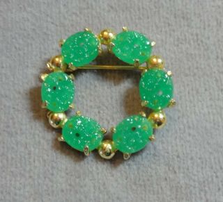 Vintage 6 Carved Jade Green Peking Glass Ovals Prong - Set Goldtone Circle Pin