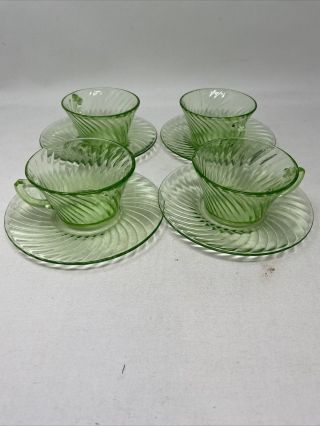 Set 4 Vintage Depression Green Coffee Cups And Saucers Cups Spiral Pattern