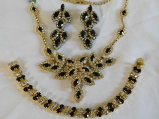 Vintage Black & Clear Rhinestone Necklace,  Bracelet And Earrings Set Judy Lee