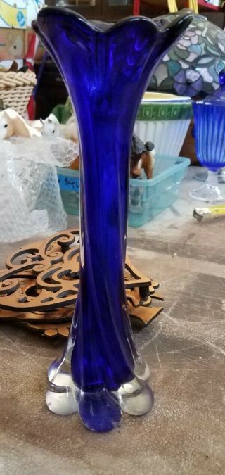 Vintage 12” Tall Murano Vase Art Glass Blue And Clear