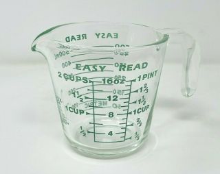 Vintage Green Letter Text Pyrex Glass Measuring Cup Easy Read 2 Cup Metric Pint