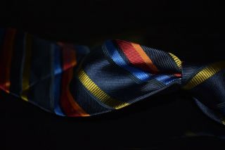 Vintage Ascot Hand Made In Germany Navy Rainbow Multi Texture Stripe Silk Tie Nr