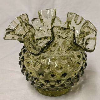 Vintage Fenton Art Glass Colonial Green Hobnail Crimped Rim Rose Bowl Vase 4.  25 "