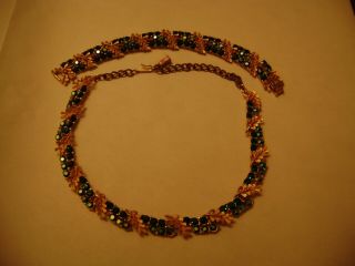 Signed B.  S.  K.  Vintage Gold Tone Necklace And Bracelet W/ Faux Emeralds