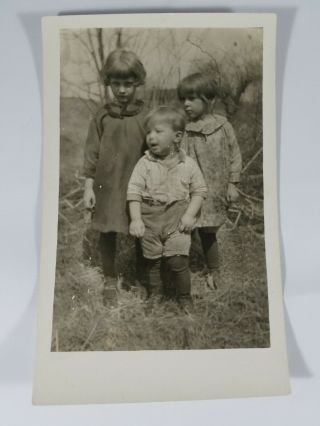 Rare Vintage Collectible Real Photo Postcard 2 Girls & A Boy Outside Azo 1900s?