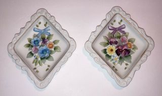 Vintage Lefton China Hand Painted Flower Wall Hanger Plaques Porcelain Set Of 2