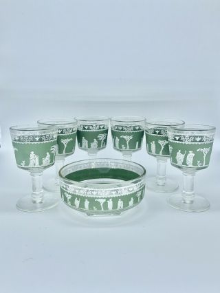 6 Jeanette Hellenic Green Footed Wine Glasses And Bowl Grecian Wedgewood Green
