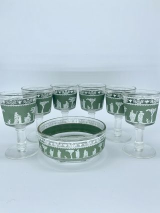 6 Jeanette HELLENIC Green Footed WINE Glasses and Bowl Grecian Wedgewood green 3