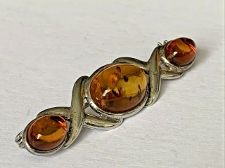 Vintage 925 Solid Silver Baltic Amber Celtic Style Pin Bar Brooch Jewellery