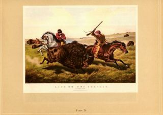 Currier And Ives: Life - Prairie/hunting Buffalo - 1942 Vtg Bookplate Art Print
