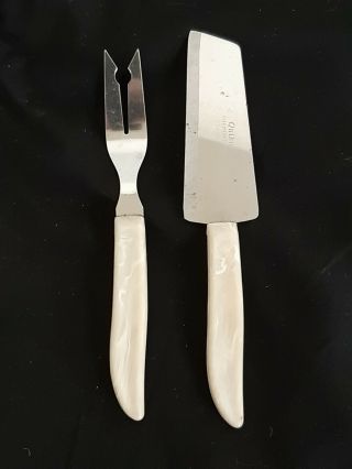 Vintage Quikut 2 Pc Stainless Steel Cheese Knife And Relish Fork Set