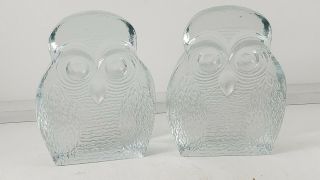 Blenko 7 " Crystal Glass Owl Bookends - Vintage Pair 1960s Very Heavy 10lbs