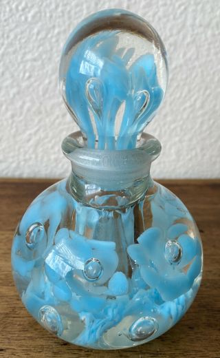 Vintage St.  Clair Glass Blue Perfume Bottle Floral Hand Blown Controlled Bubble