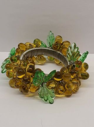 Vintage Handmade Napkin Ring Yellow Glass Beads And Green Leaves Wire Wrapped