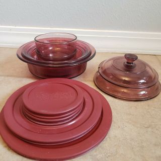 Set Of 4 Pyrex Corning Ware Vision Cranberry Glass 1 Qt,  24 Oz,  2 Cups With Lids