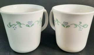 Set Of 2 Corelle Country Blue Heart Vines Coffee Cup Mug Corning Ware Usa White