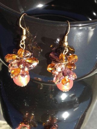 Vtg Purple,  Peach & Amber - Colored Glass Bead Cluster Dangle Earrings