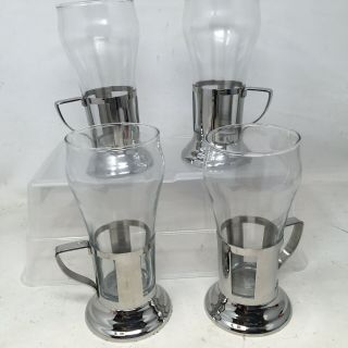 Set Of 4 Vintage Soda Fountain Style Glasses With Metal Cage Holder Coke Floats