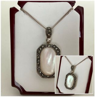 Vintage Jewellery Stunning Sterling Silver Marcasite & Mother Of Pearl Necklace