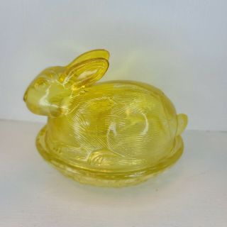 Le Smith Glass Canary Yellow Bunny Rabbit On Basket Nest Covered Candy Dish