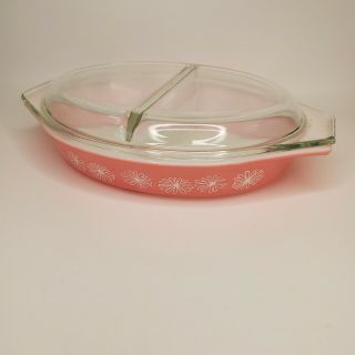 Vintage Pyrex Pink Daisy Divided 1.  5 Qt.  Casserole Dish With Lid