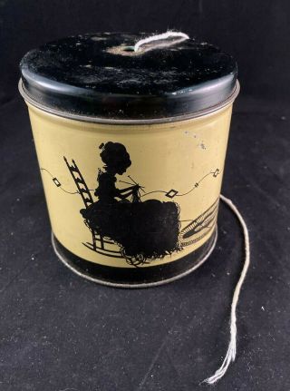 Vintage Tin Can Yarn/string Holder Container Litho Woman Knitting & Cat Playing