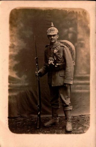 Vintage Rppc - Wwi German Soldier Wearing A " Pickelhaube " With Numbered Cover Bk33