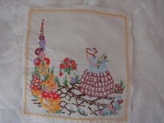 Vintage 1930s Small Embroidered Picture Panel Crinoline Lady In Garden 8 " X 7.  5 "