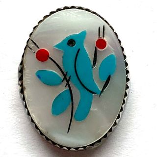 Vintage Button Unique Pietra Dura Blue Bird On Pearl Set In Silver