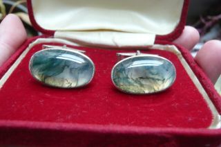 Vintage Scottish Moss Agate And Silver Cufflinks