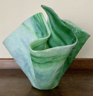 Studio Art Glass Green Swirl Hankerchief Folded Vase