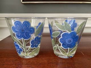Vintage Culver Ltd Blue Flower Raised Design Glasses Set Of 2 Lowball