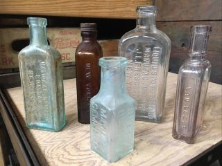 5 Vintage Medicine Bottles National Glover Prescott Major’s Van Duzer York