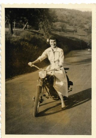 Vintage Photo Woman Sitting On Riding Motorcycle Scooter Moped