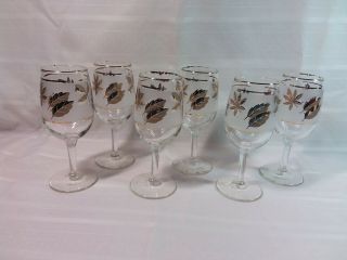 Vintage Mcm Libbey Golden Foliage/gold Leaf Set Of 6 Wine Glasses - 6 Inches Tall