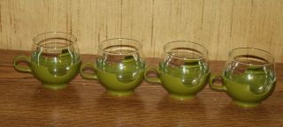Vintage Set Of 4 Pyrex Roly Poly Glasses Avocado Pea 1970s Green Cup Holders
