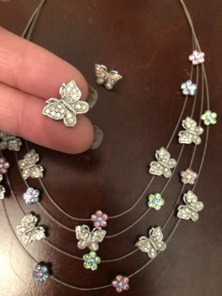 Vintage Aurora Borealis Butterfly Rhinestones Necklace With Earrings
