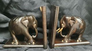 Vintage Antique Wooden Elephants Bookends Beautifuly Carved Needing Restoration