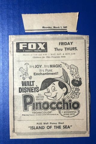 1962 Walt Disney’s Pinocchio Movie Print Ad 5.  5x4.  5”
